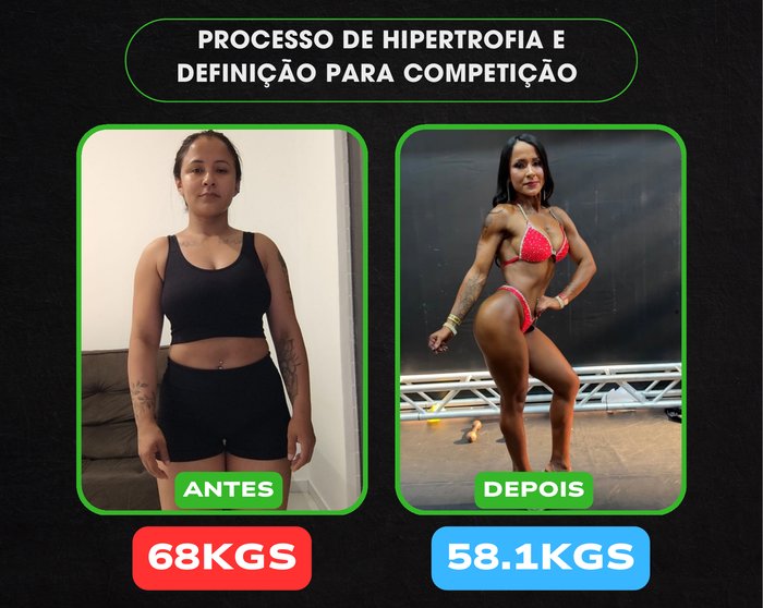Antes e depois de aluna — de 68kg para 58.1kg, hipertrofia e definição para competição