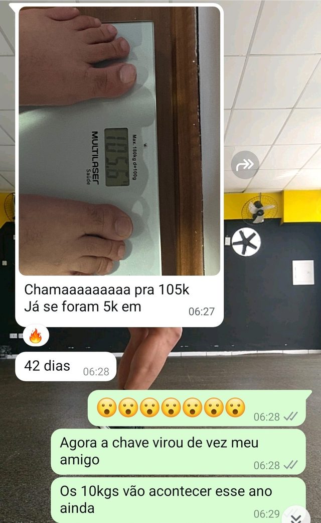 Print de WhatsApp — marco de 105kg, já perdendo 5kg em 42 dias